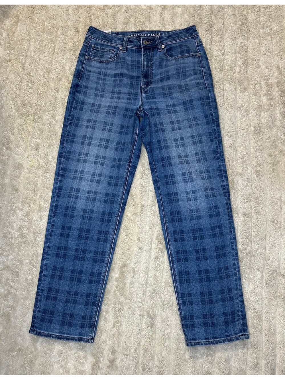 American Eagle Mom Straight medium-dark check plaid stretch denim jeans Size 6